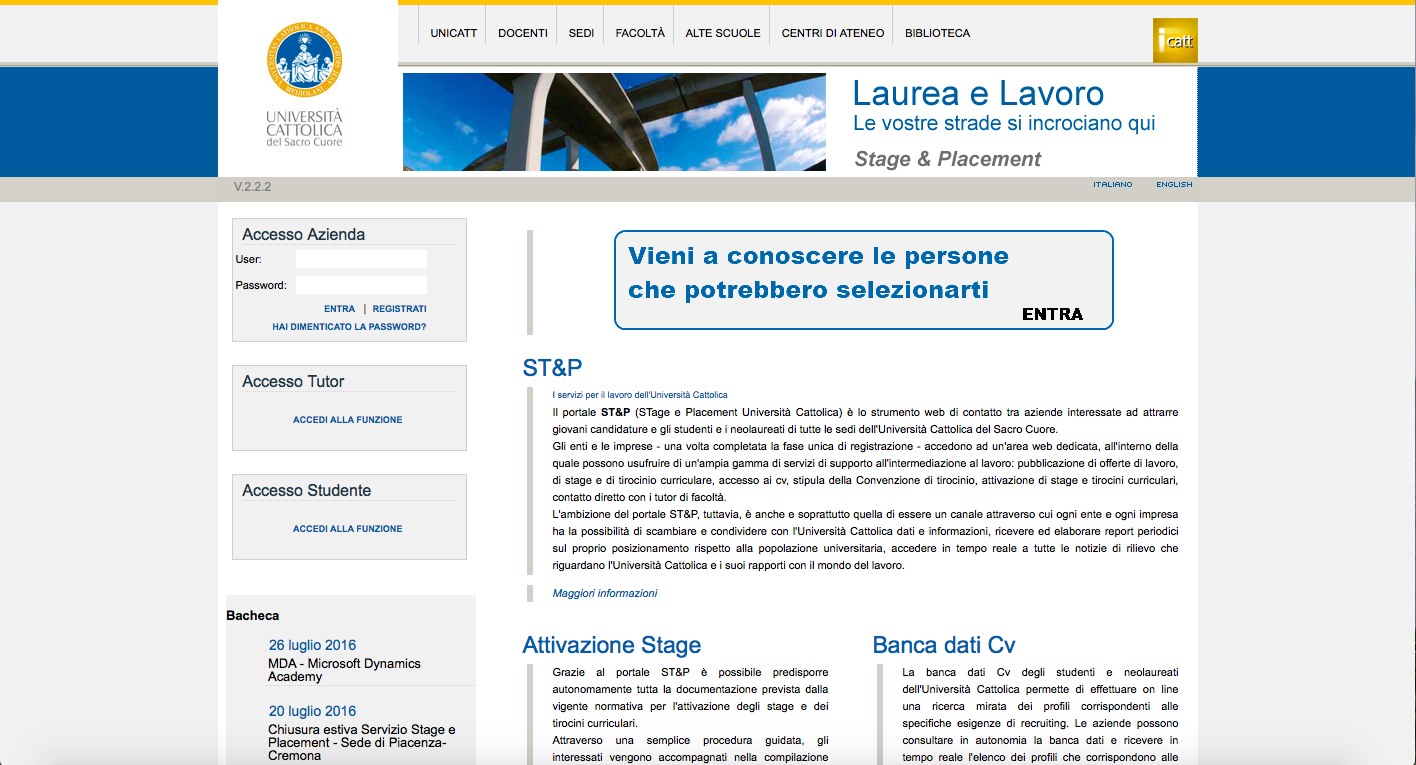 Offerte di stage e di lavoro Università Cattolica del Sacro Cuore